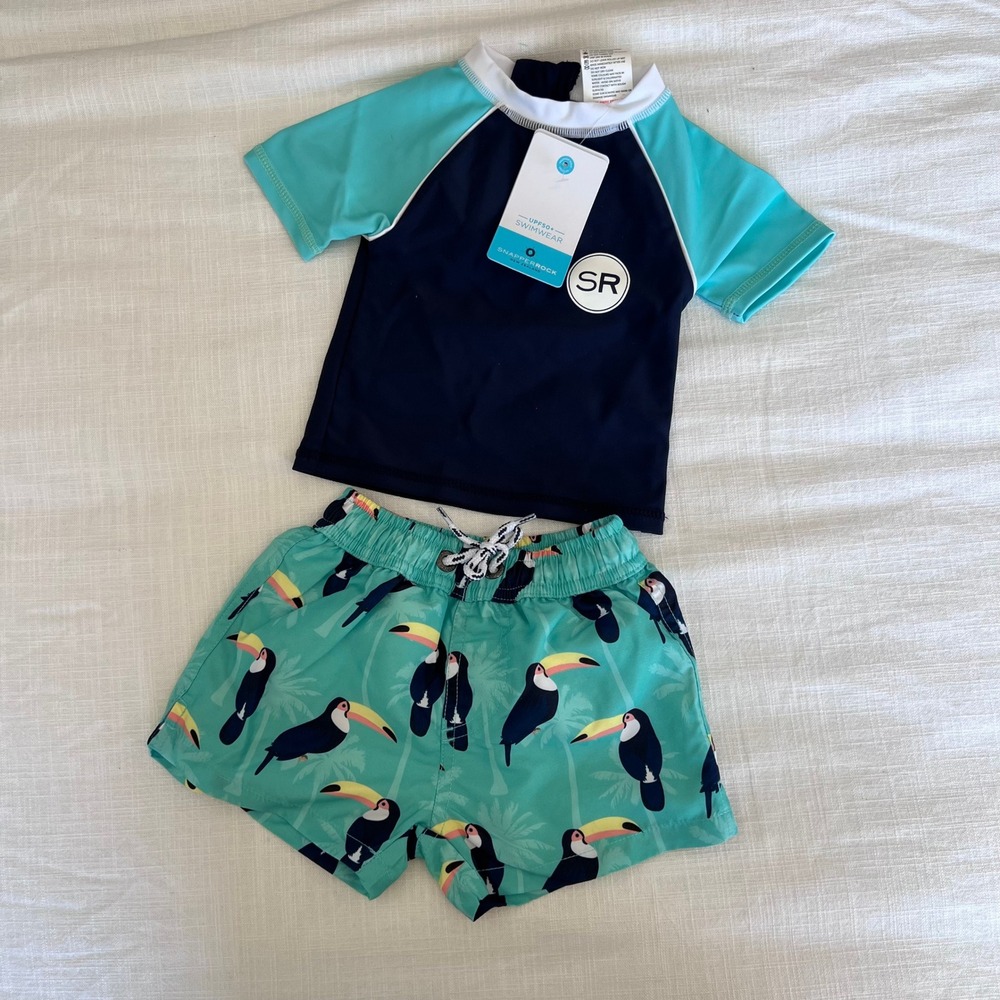 NWT‎ Snapper Rock UPF 50+ Swim Set Toucan Print Rash Guard & Shorts 3-6 Months